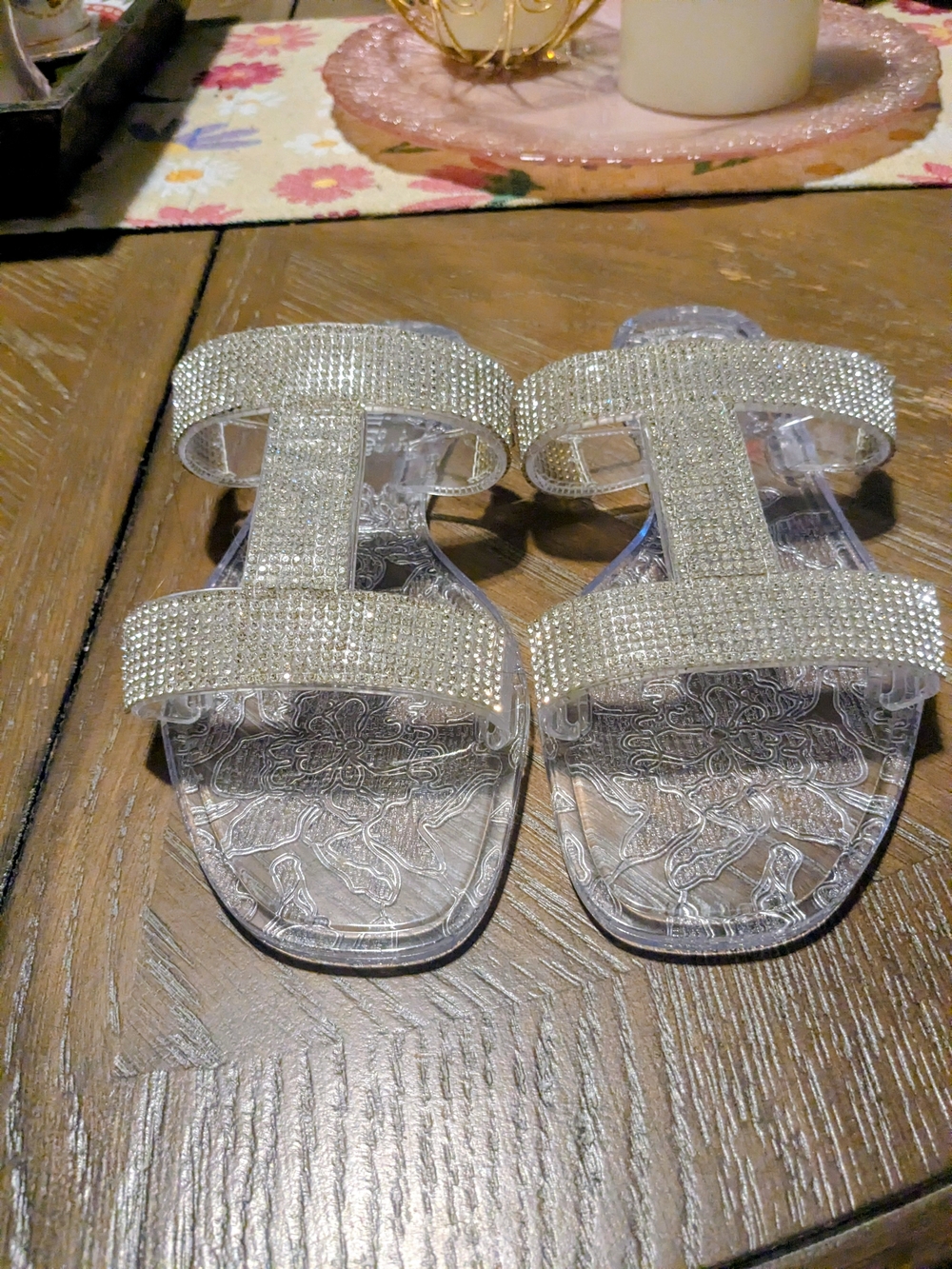 Olivia Miller Clear Slide Sandals with Silver Rhinestone Straps